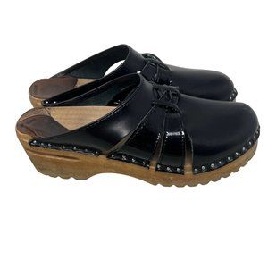 Troentorps Black Leather Cutouts Wooden Slip On Clog Sandals Comfort Womens 39
